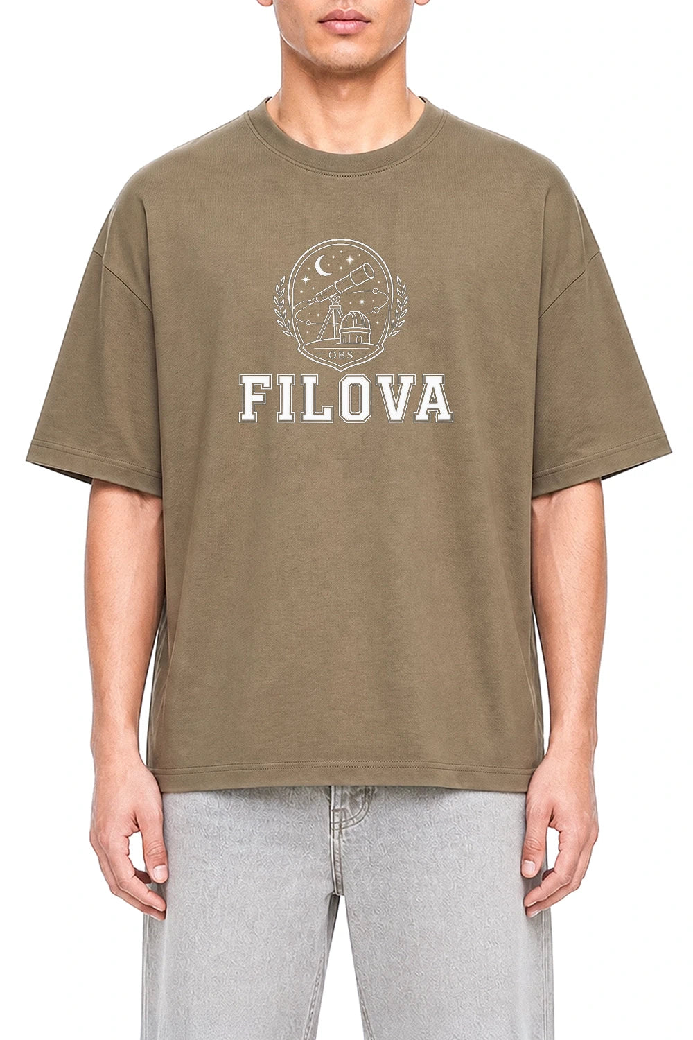 Filova Observatory Club Coffee graphic T-shirt on model, front view
