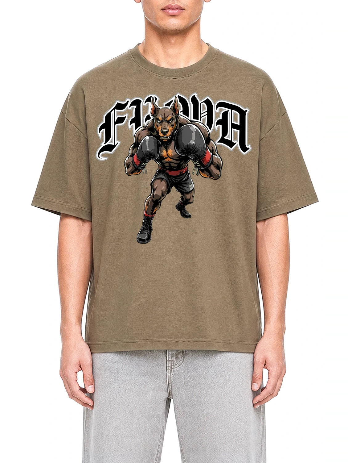 Boxing Dog Coffee graphic T-shirt on model, front view