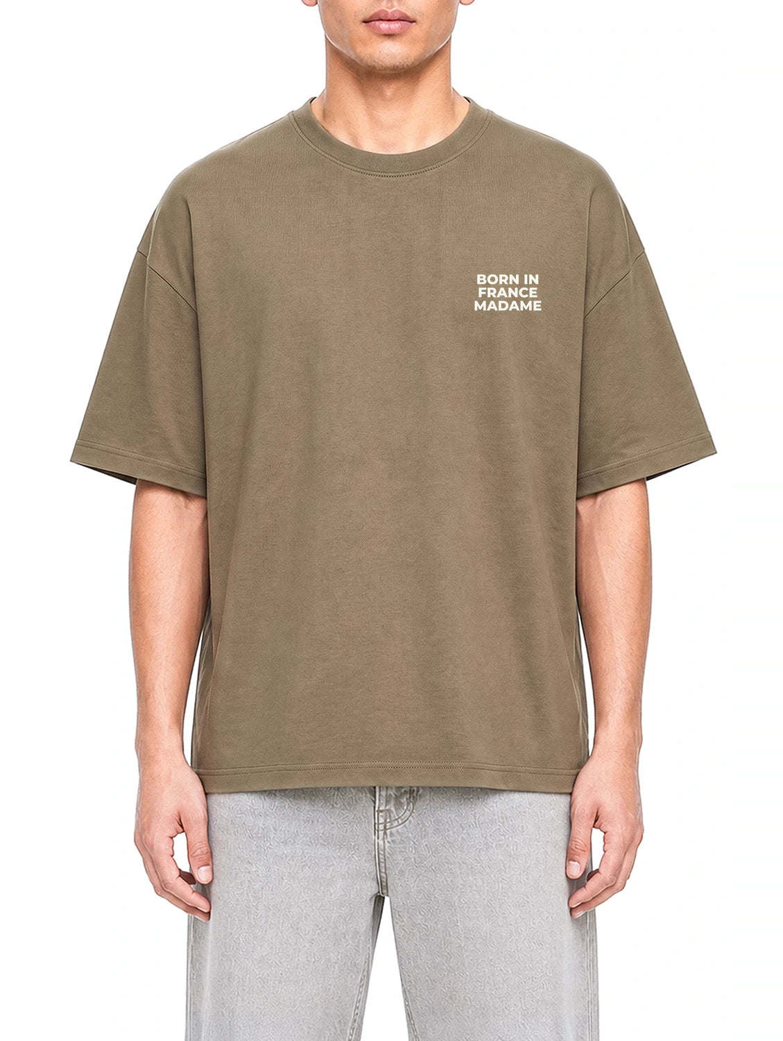 Born In France Madame Coffee graphic T-shirt on model, front view