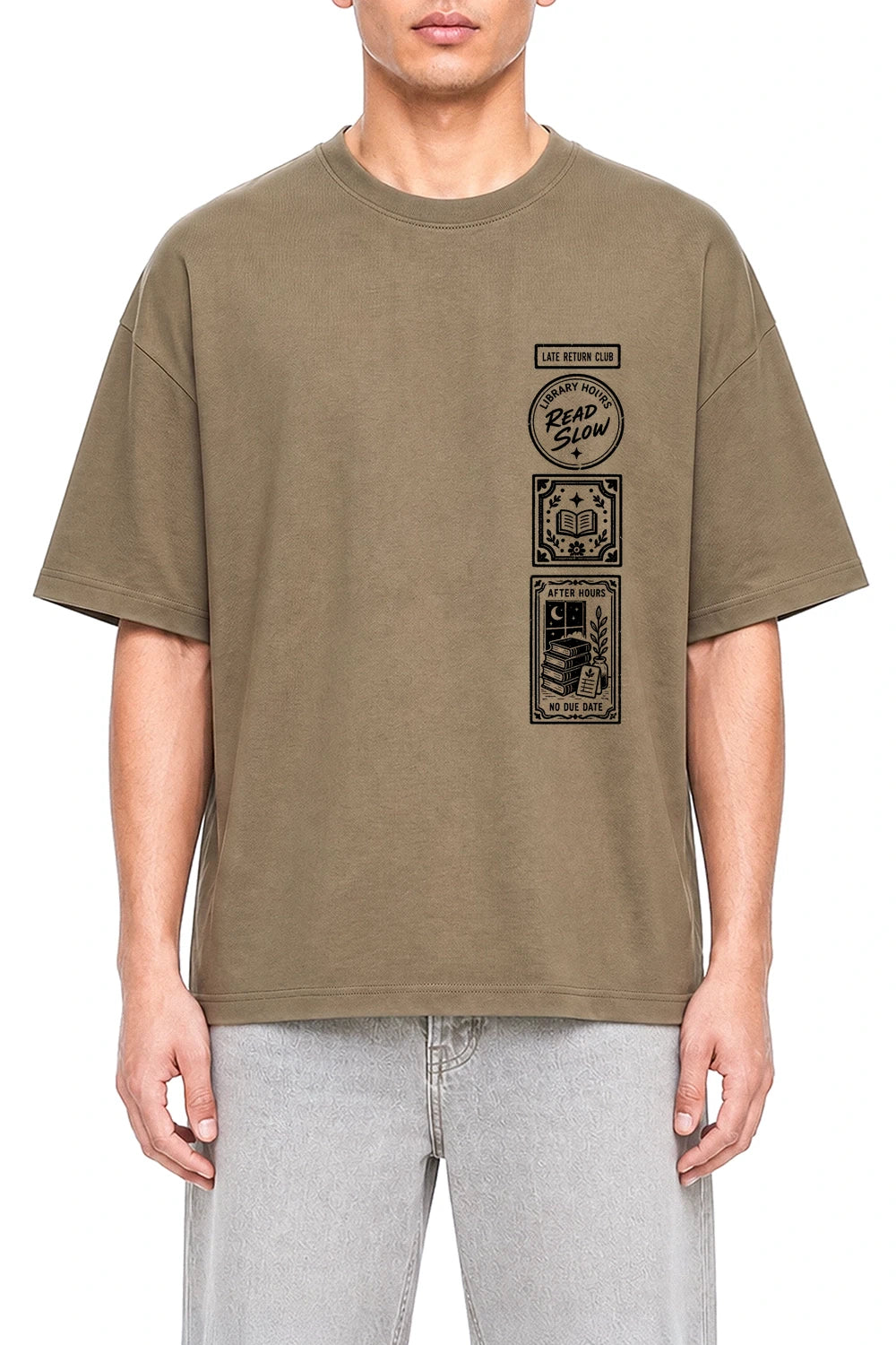 Late Return Club Coffee graphic T-shirt on model, front view