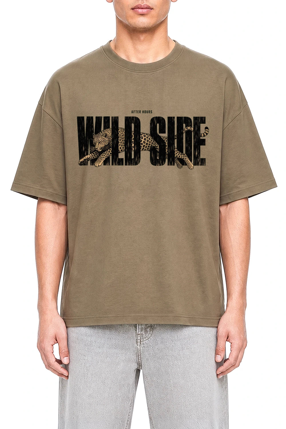 Wild Side Streetwear Coffee graphic T-shirt on model, front view