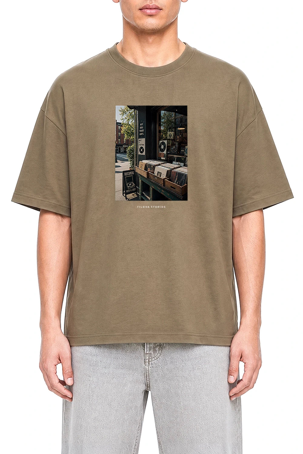 Filova Studios Record Shop Coffee graphic T-shirt on model, front view