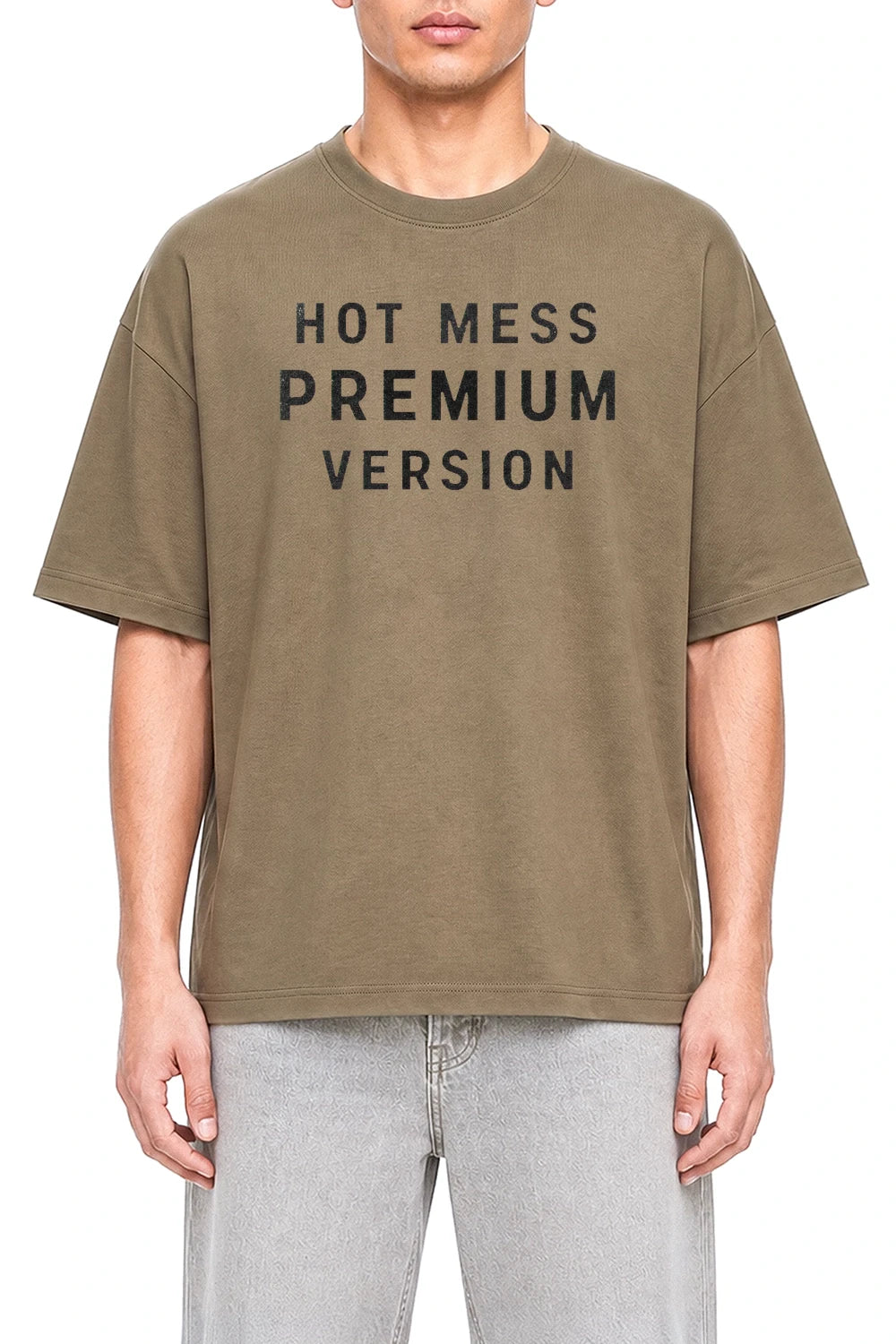 Hot Mess Premium Version Coffee graphic T-shirt on model, front view
