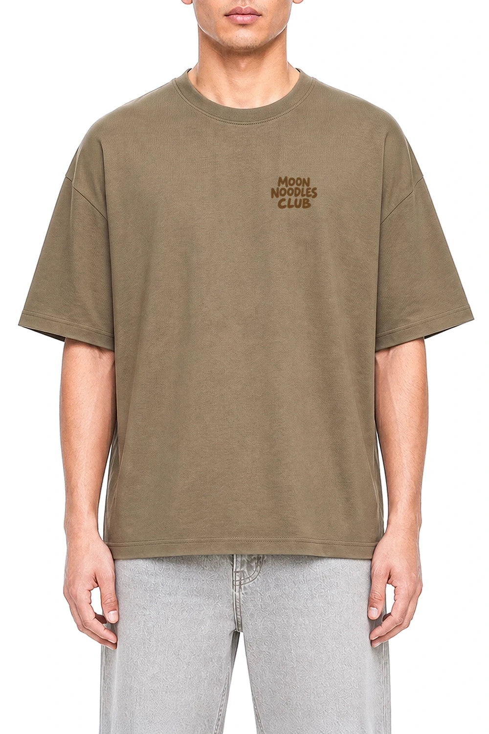 Moon Noodle Club Coffee graphic T-shirt on model, front view
