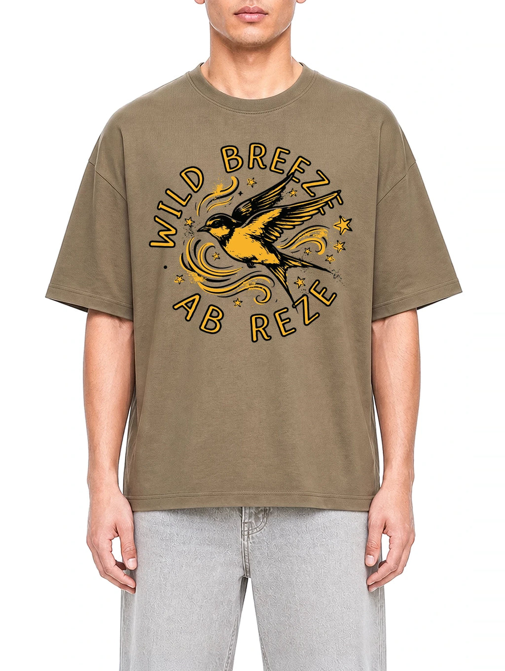 A Gritty Street Coffee graphic T-shirt on model, front view