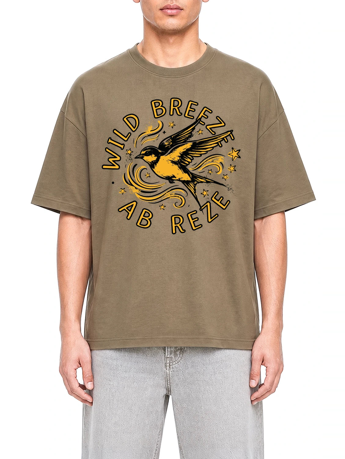 A Gritty Street Coffee graphic T-shirt on model, front view