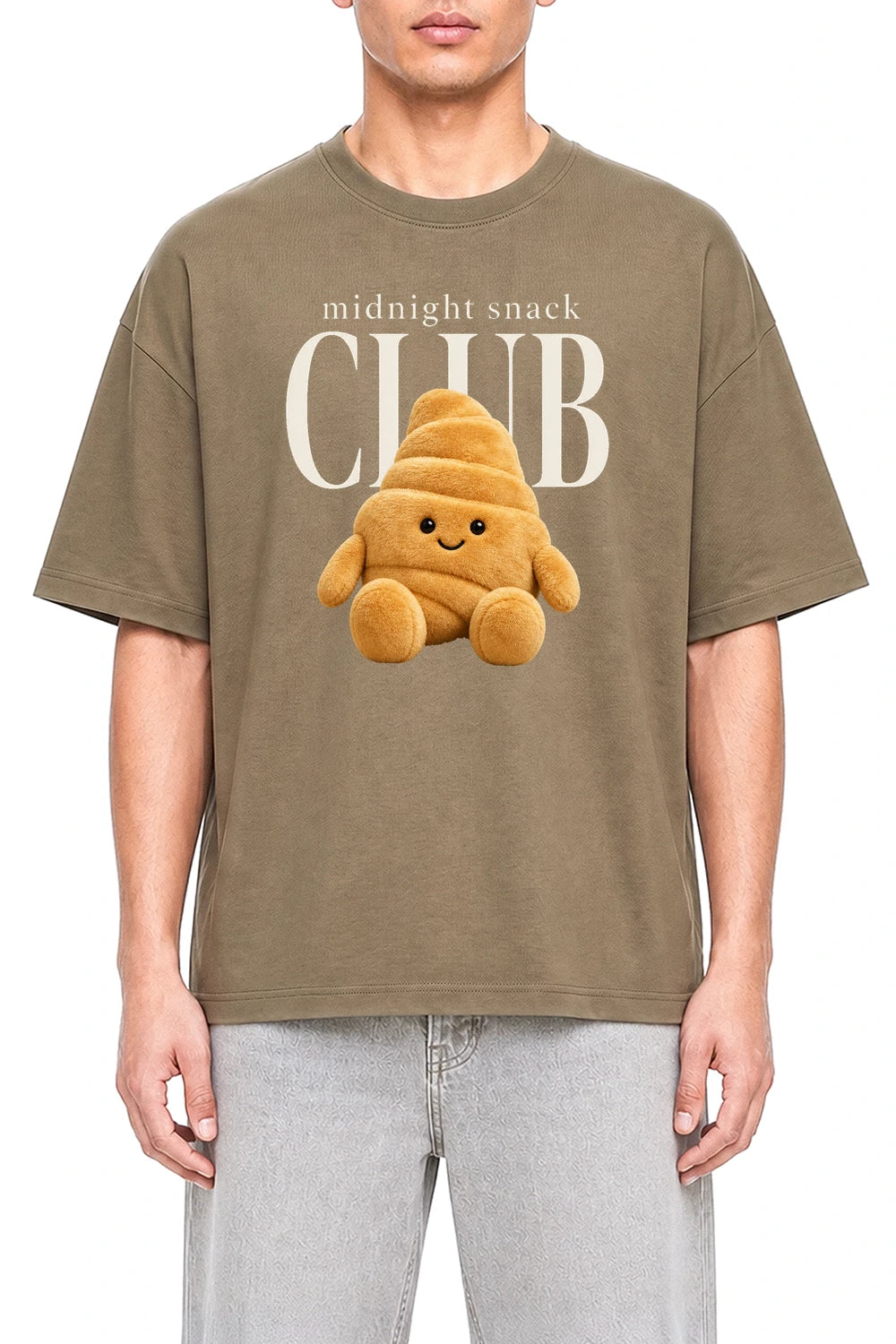 Midnight Snack Club Coffee graphic T-shirt on model, front view
