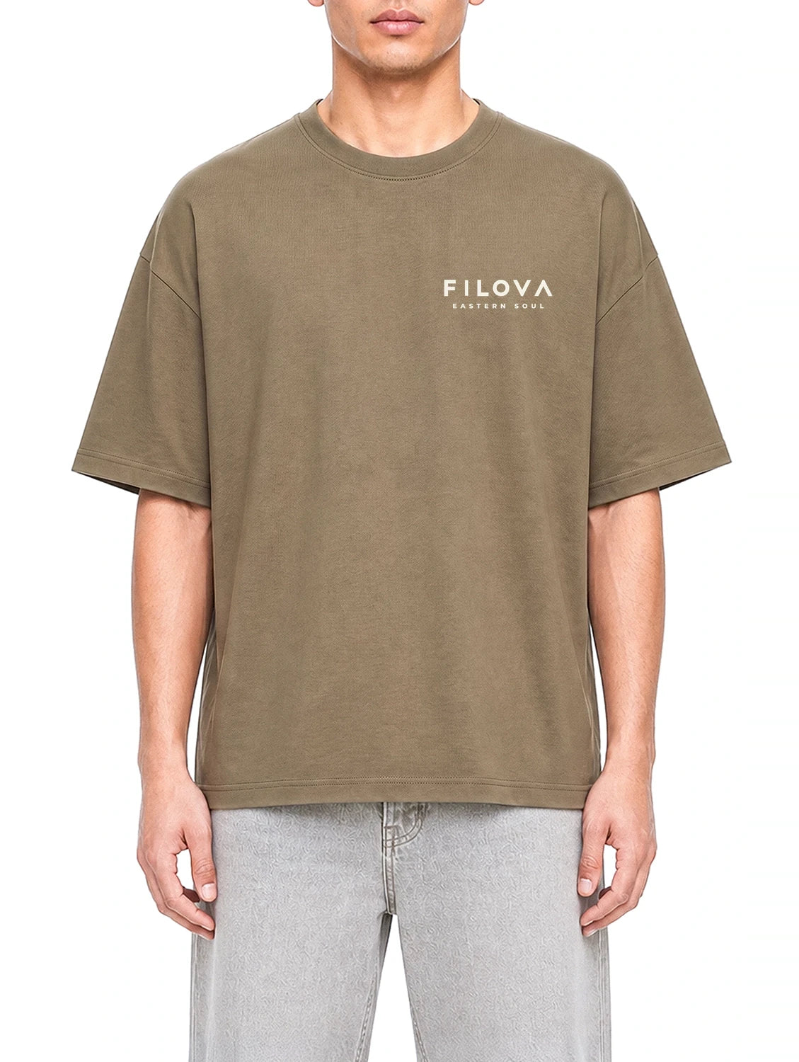 Filova Core Small Chest Coffee graphic T-shirt on model, front view