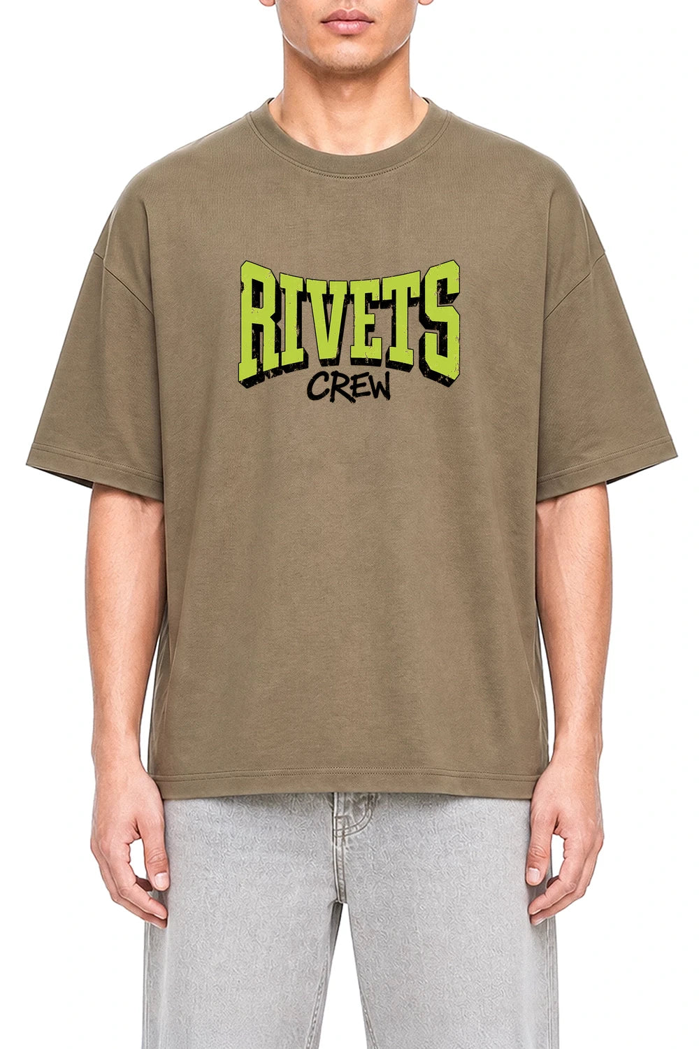 Rivets Crew Coffee graphic T-shirt on model, front view