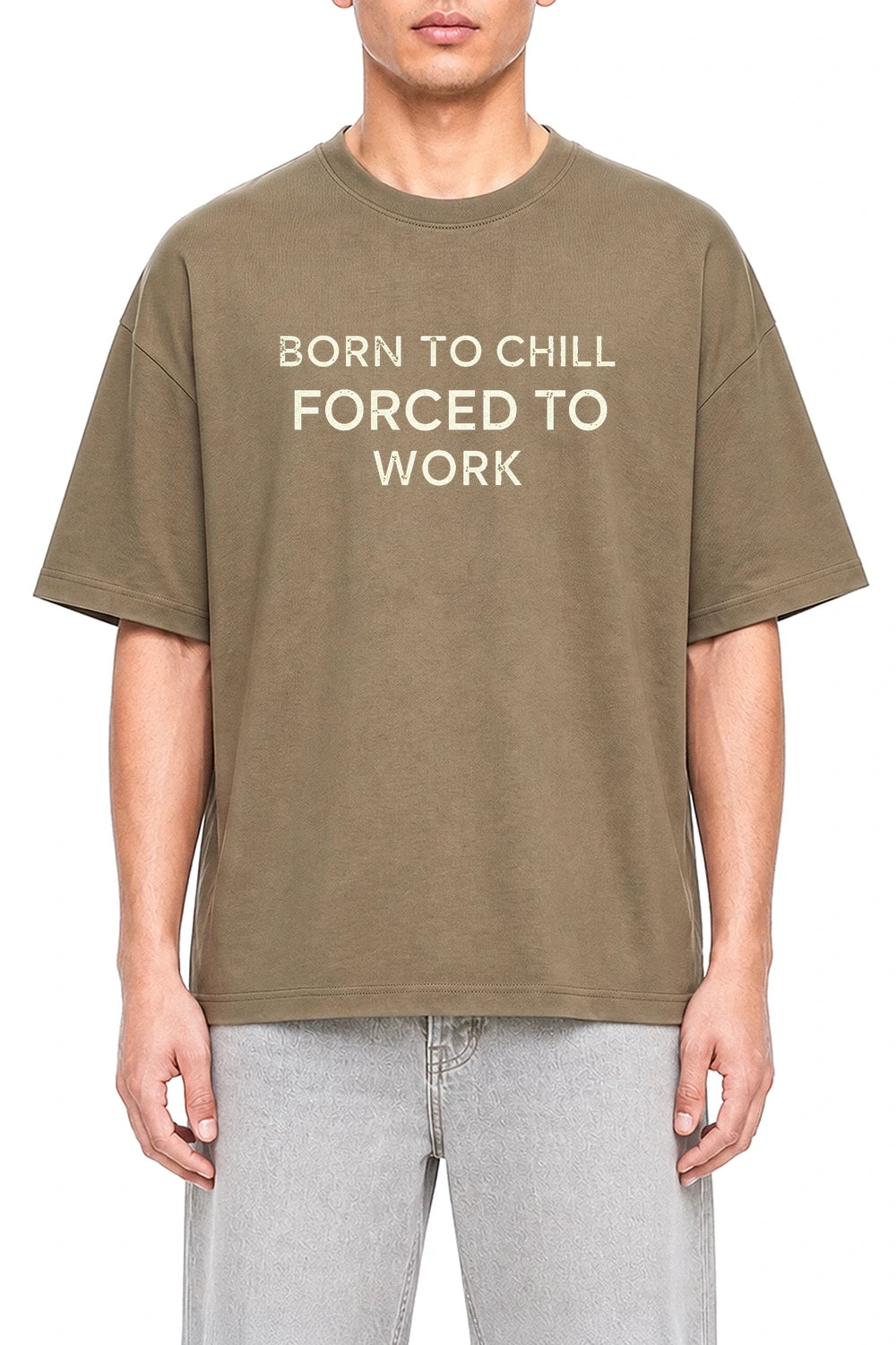 Born To Chill Forced To Work Coffee graphic T-shirt on model, front view