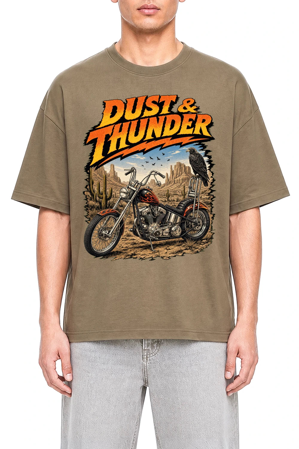 Dust And Thunder Coffee graphic T-shirt on model, front view