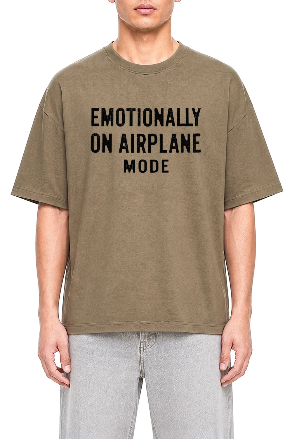 Emotionally On Airplane Mode Coffee graphic T-shirt on model, front view