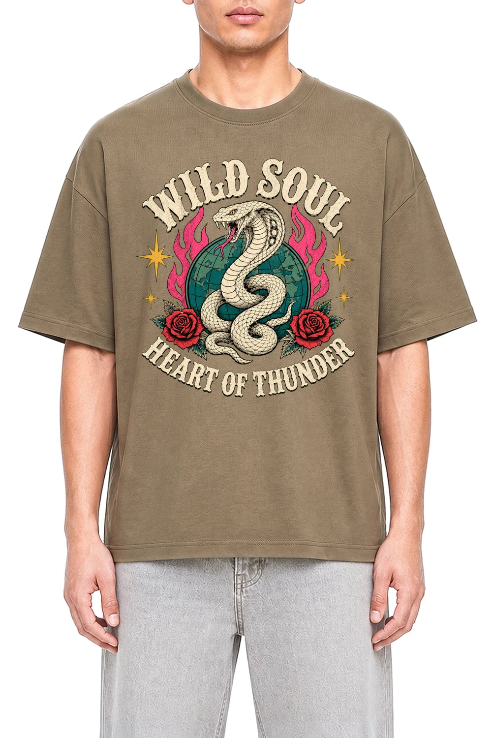 Wild Soul Thunder Coffee graphic T-shirt on model, front view