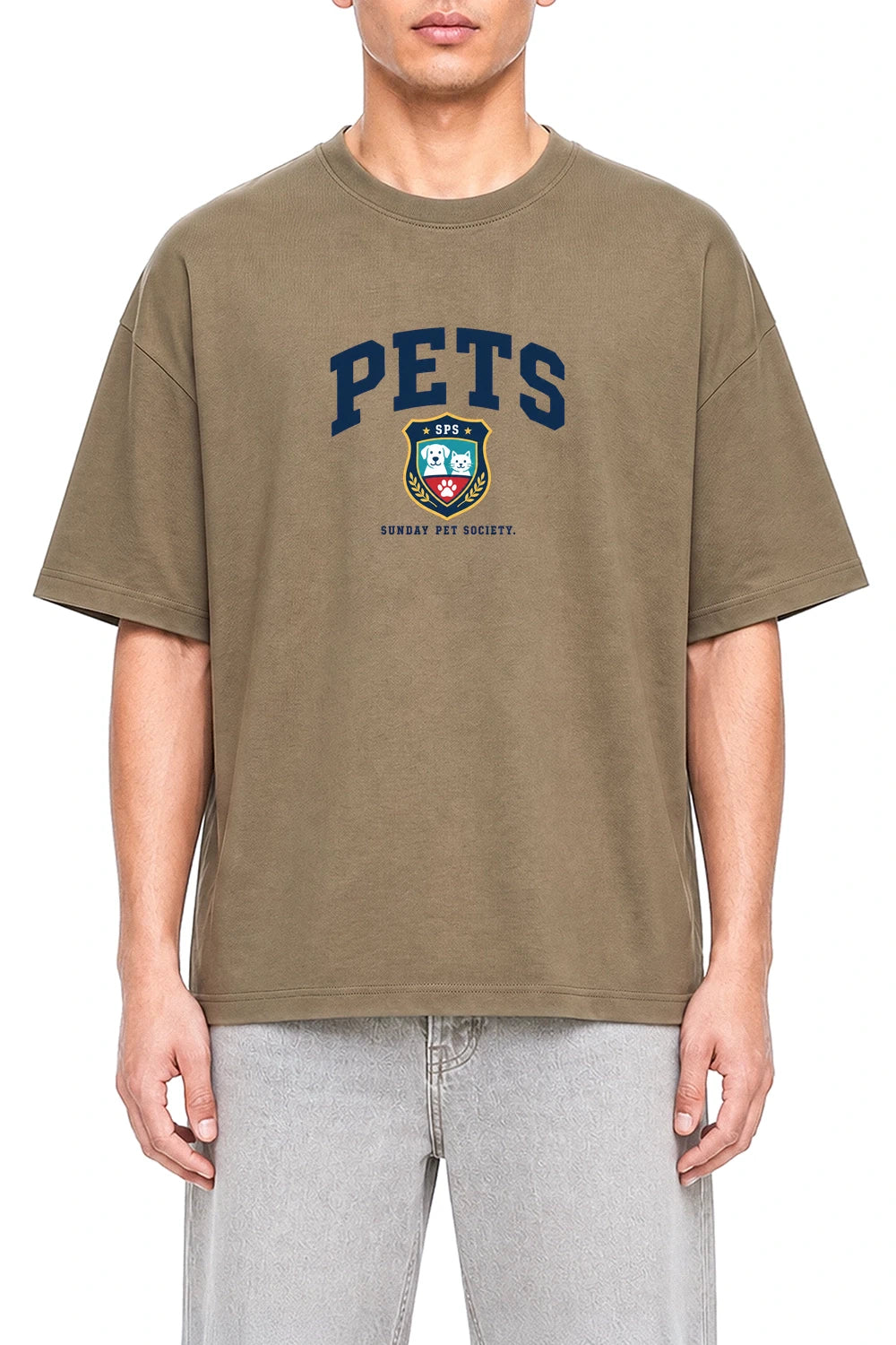 Sunday Pet Society Coffee graphic T-shirt on model, front view