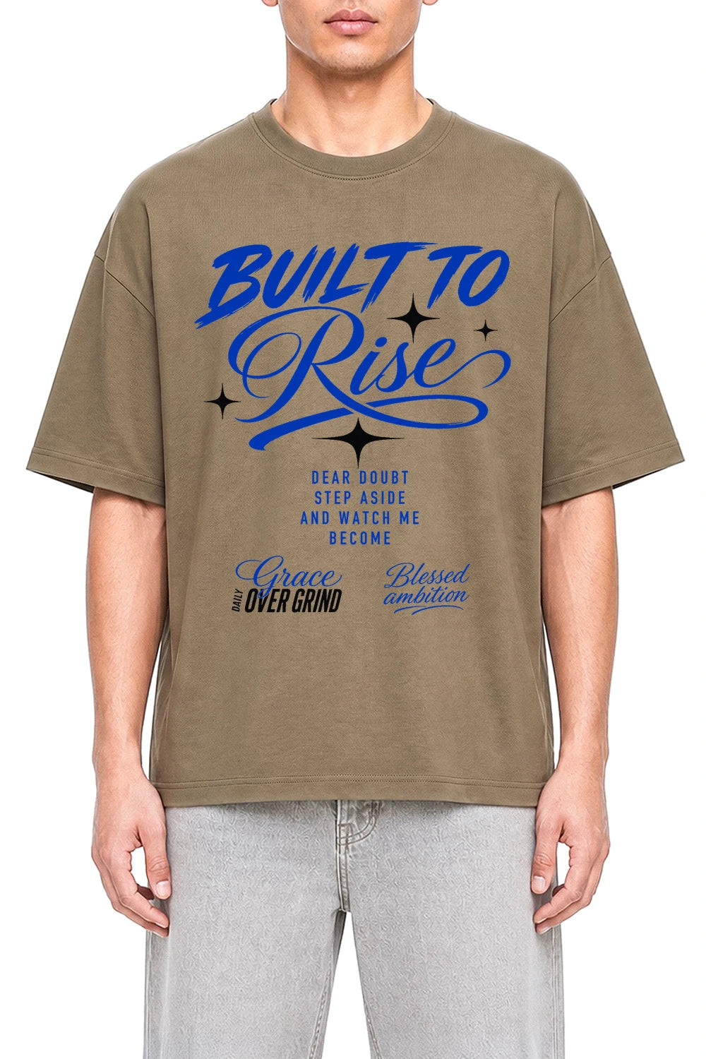Built To Rise Coffee graphic T-shirt on model, front view