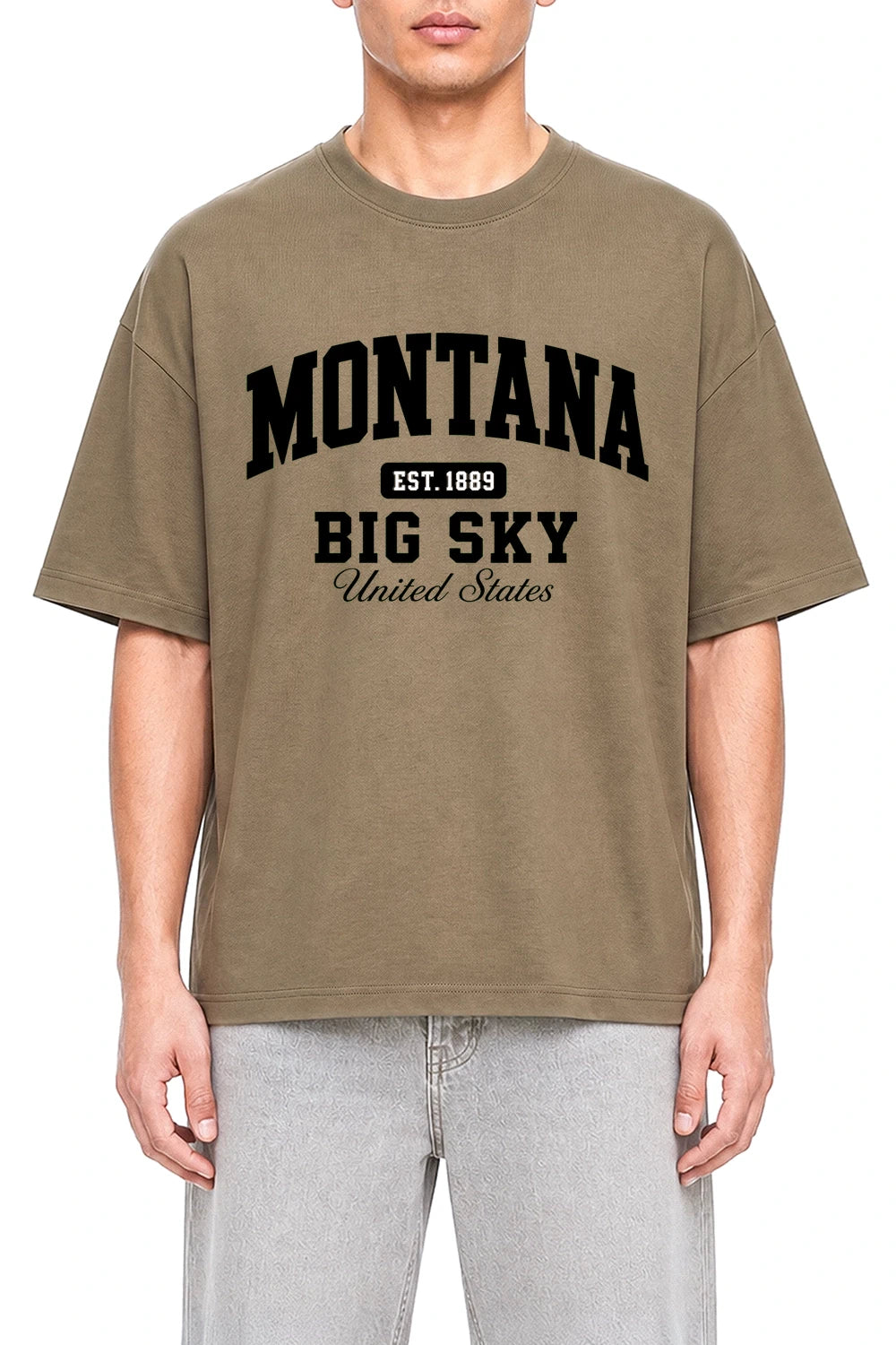Montana Big Sky Coffee graphic T-shirt on model, front view
