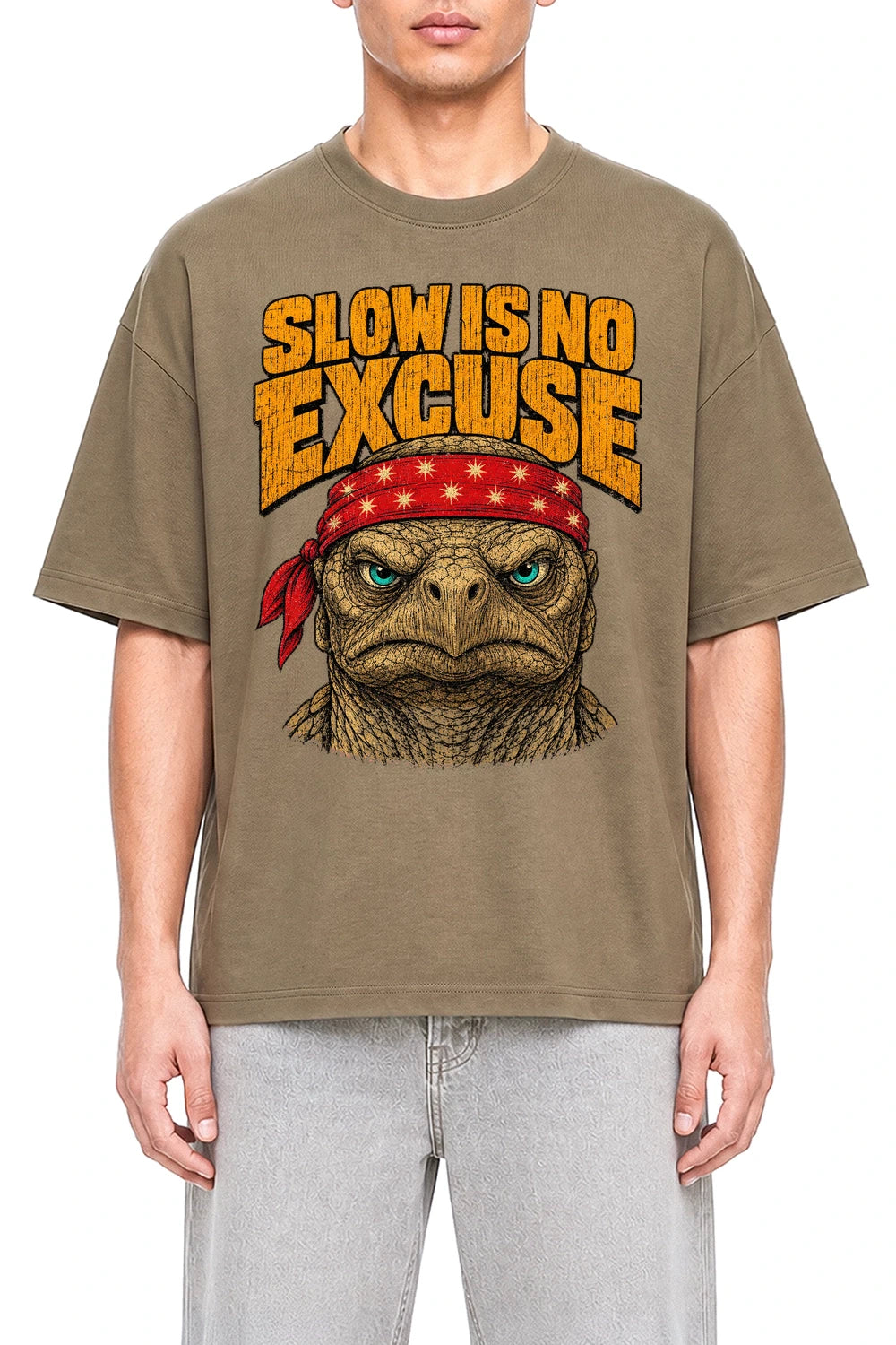 Slow Is No Excuse Coffee graphic T-shirt on model, front view