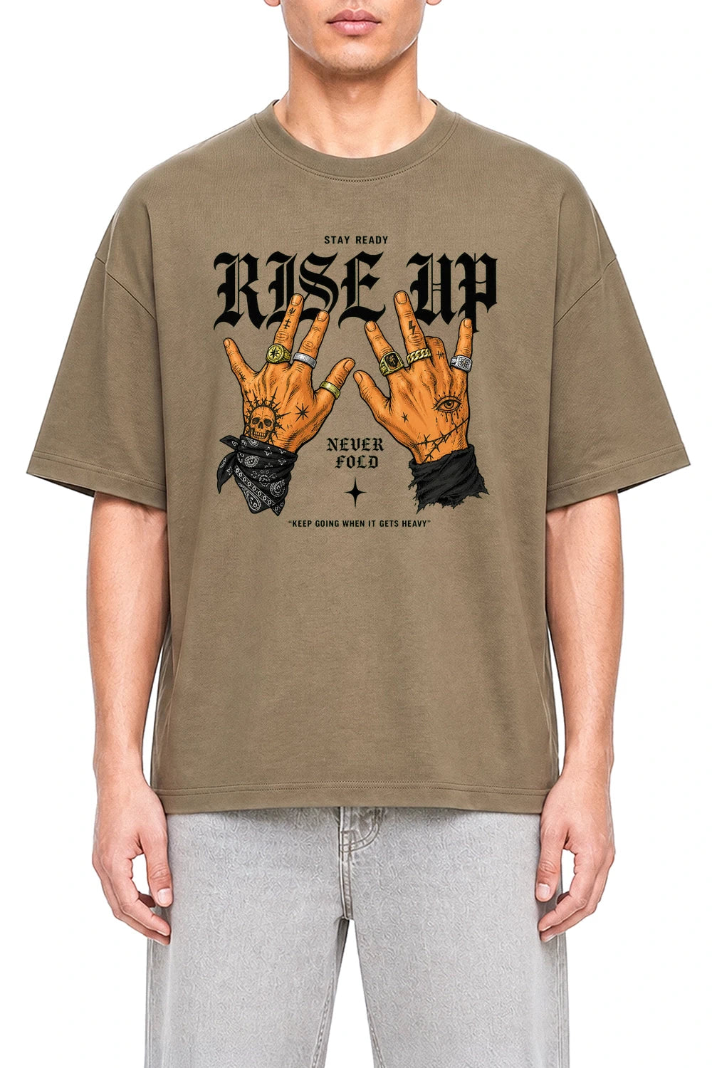 Rise Up Never Fold Coffee graphic T-shirt on model, front view