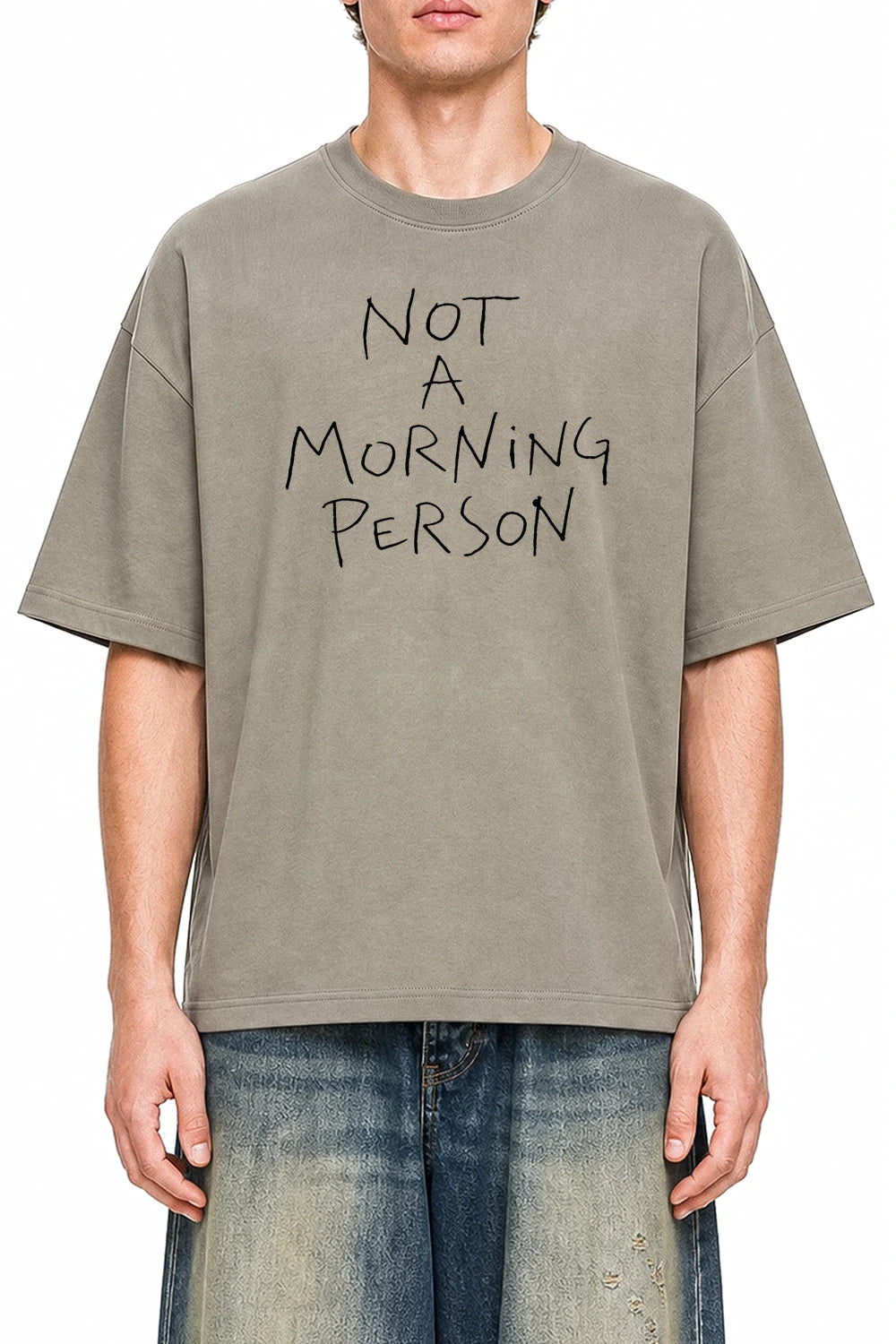 Not A Morning Person Dark Apricot graphic T-shirt on model, front view