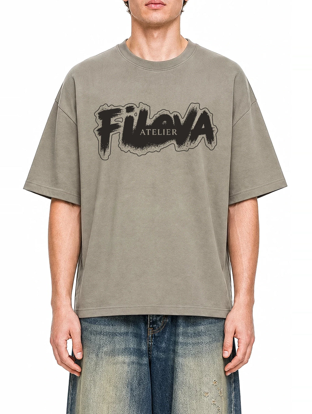 Filova Atelier Brush Dark Apricot graphic T-shirt on model, front view