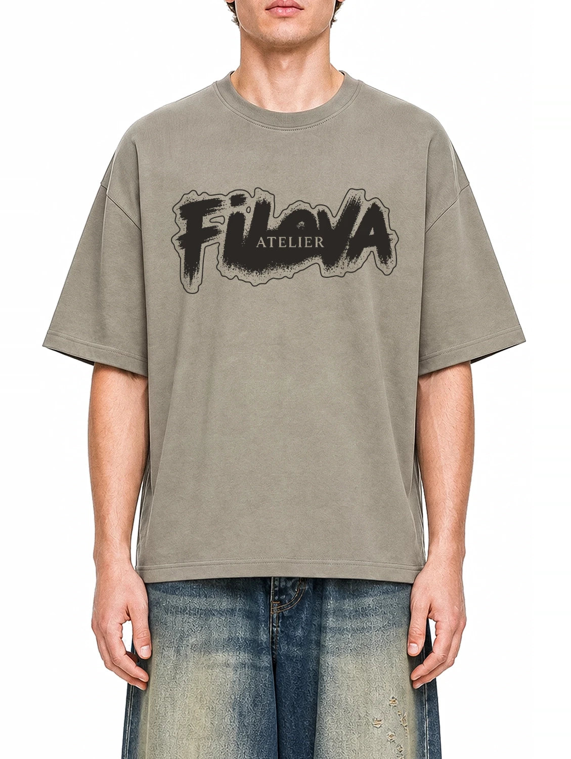 Filova Atelier Brush Dark Apricot graphic T-shirt on model, front view
