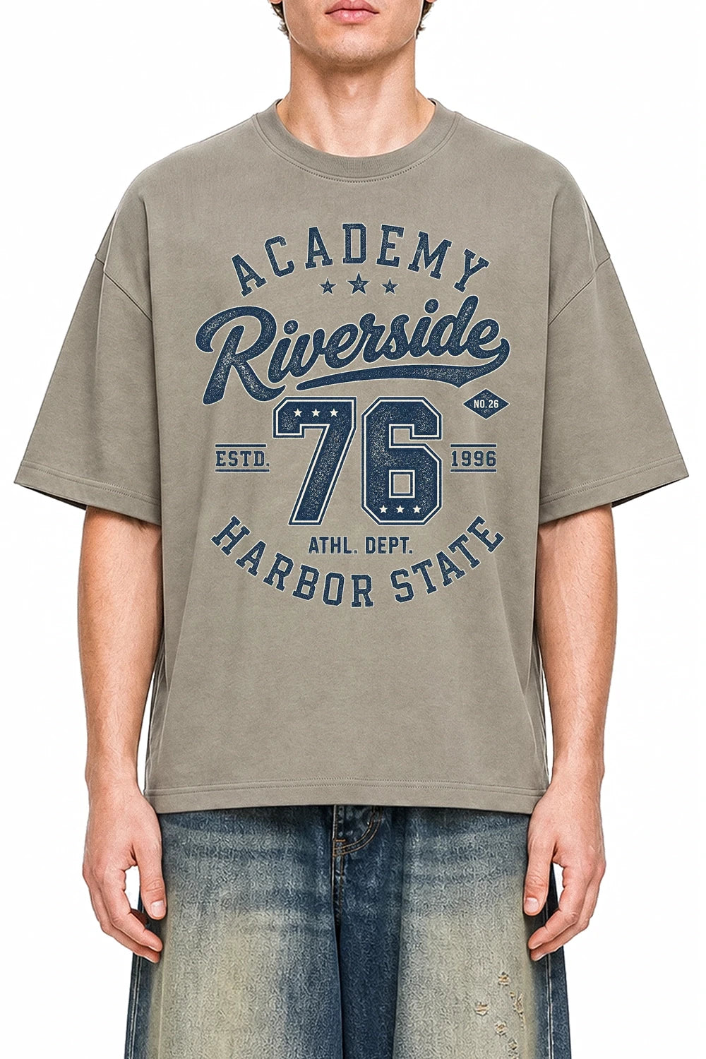 Riverside Academy Dark Apricot graphic T-shirt on model, front view