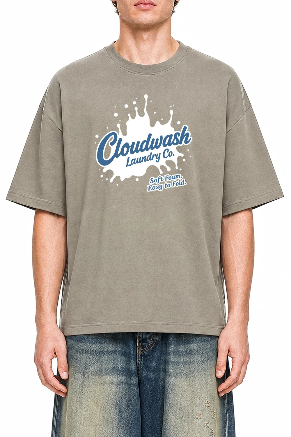 Cloudwash Laundry Co Dark Apricot graphic T-shirt on model, front view