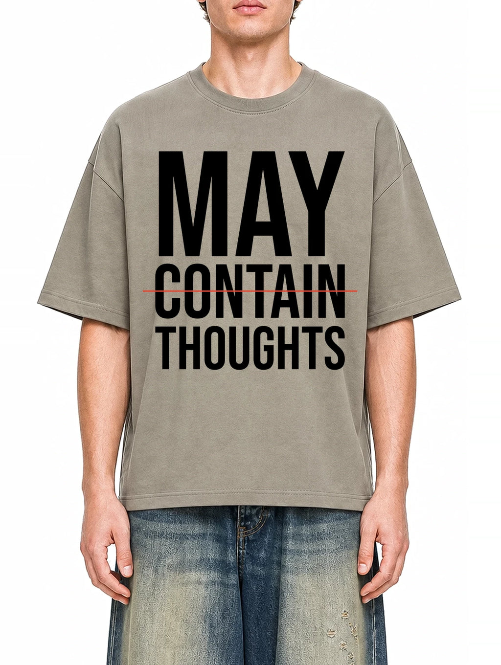 May Contain Thoughts Dark Apricot graphic T-shirt on model, front view