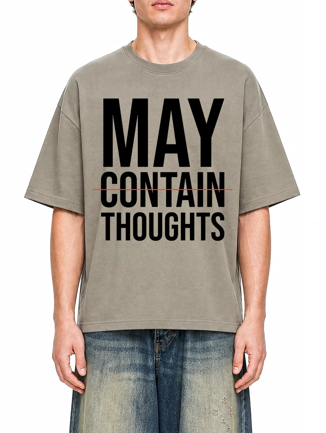 May Contain Thoughts Dark Apricot graphic T-shirt on model, front view