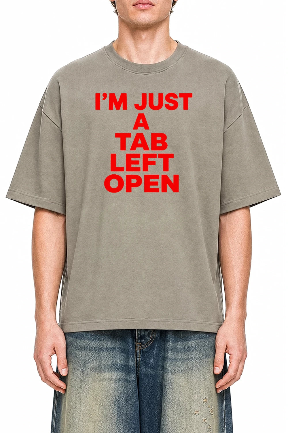 Im Just A Tab Left Open Dark Apricot graphic T-shirt on model, front view