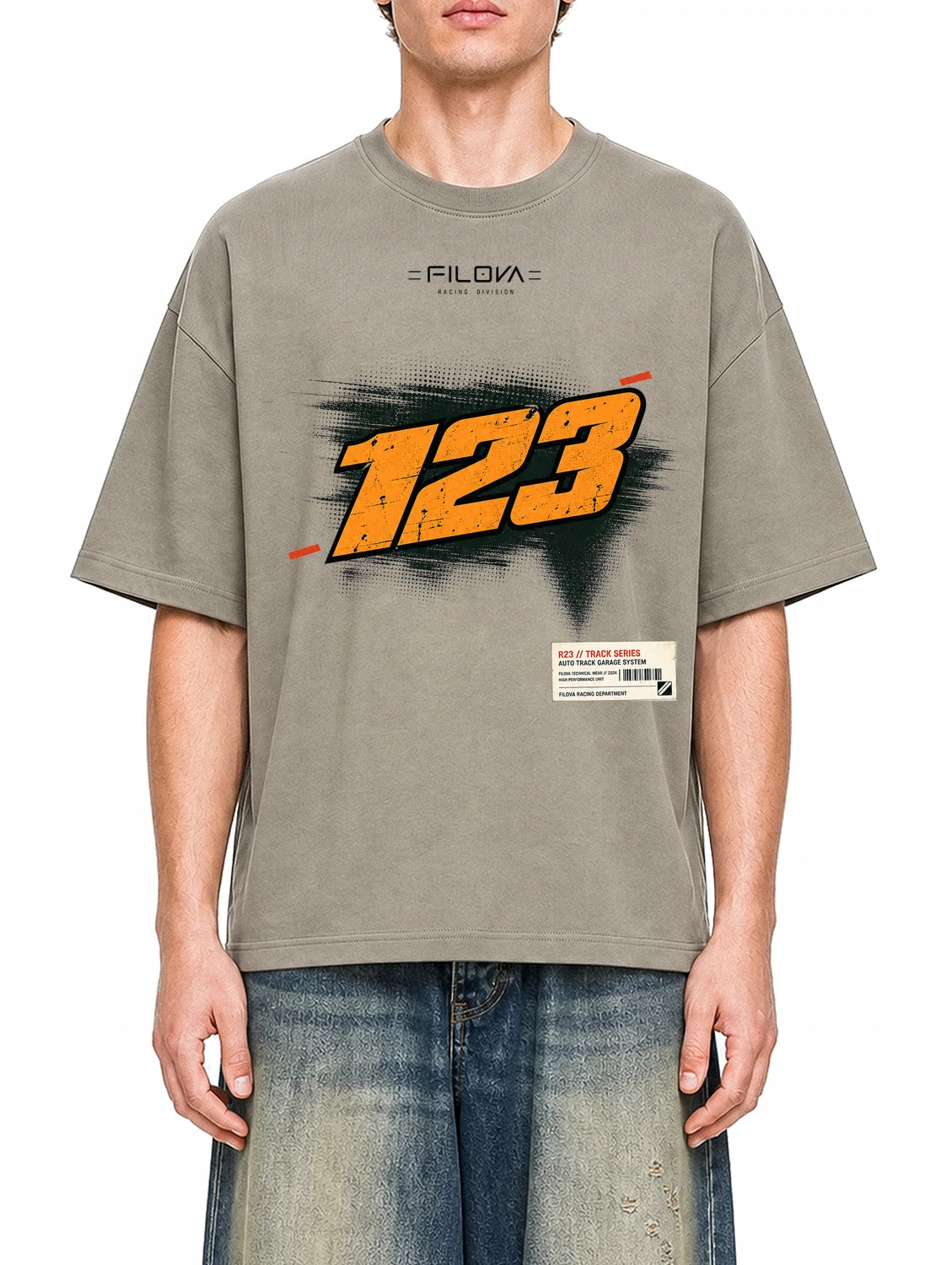 Filova racing 123 Dark Apricot graphic T-shirt on model, front view