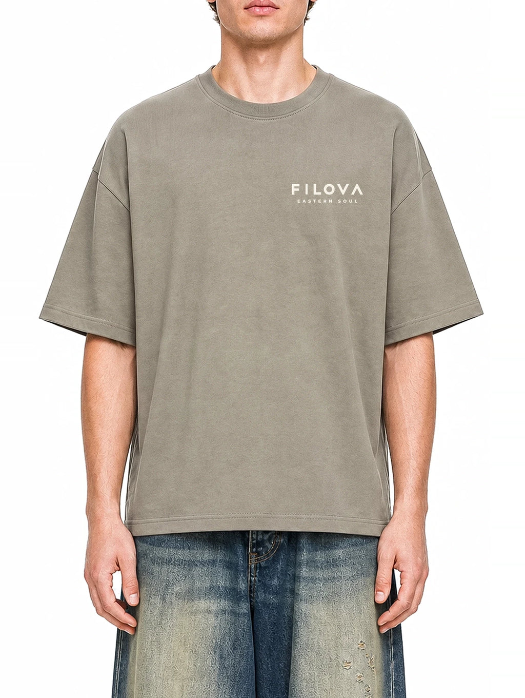 Filova Core Small Chest Dark Apricot graphic T-shirt on model, front view