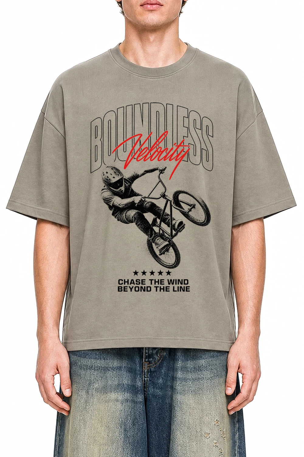 Boundless Velocity Dark Apricot graphic T-shirt on model, front view