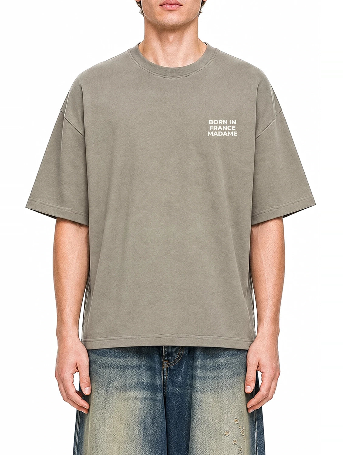 Born In France Madame Dark Apricot graphic T-shirt on model, front view