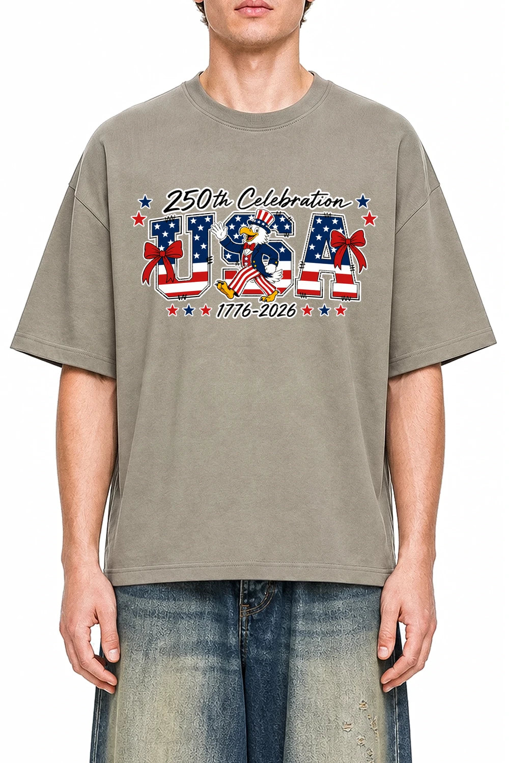 Patriot Parade USA Dark Apricot graphic T-shirt on model, front view