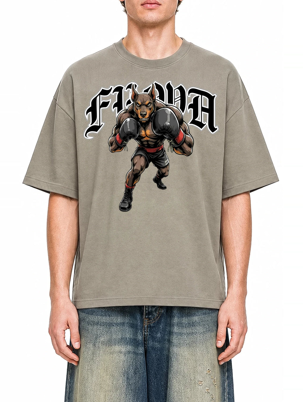 Boxing Dog Dark Apricot graphic T-shirt on model, front view
