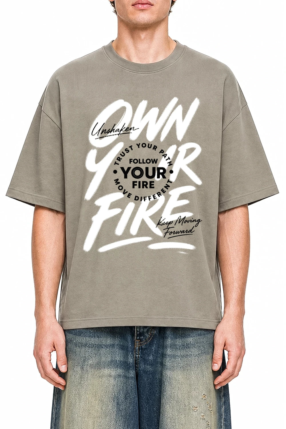 Own Your Fire Dark Apricot graphic T-shirt on model, front view