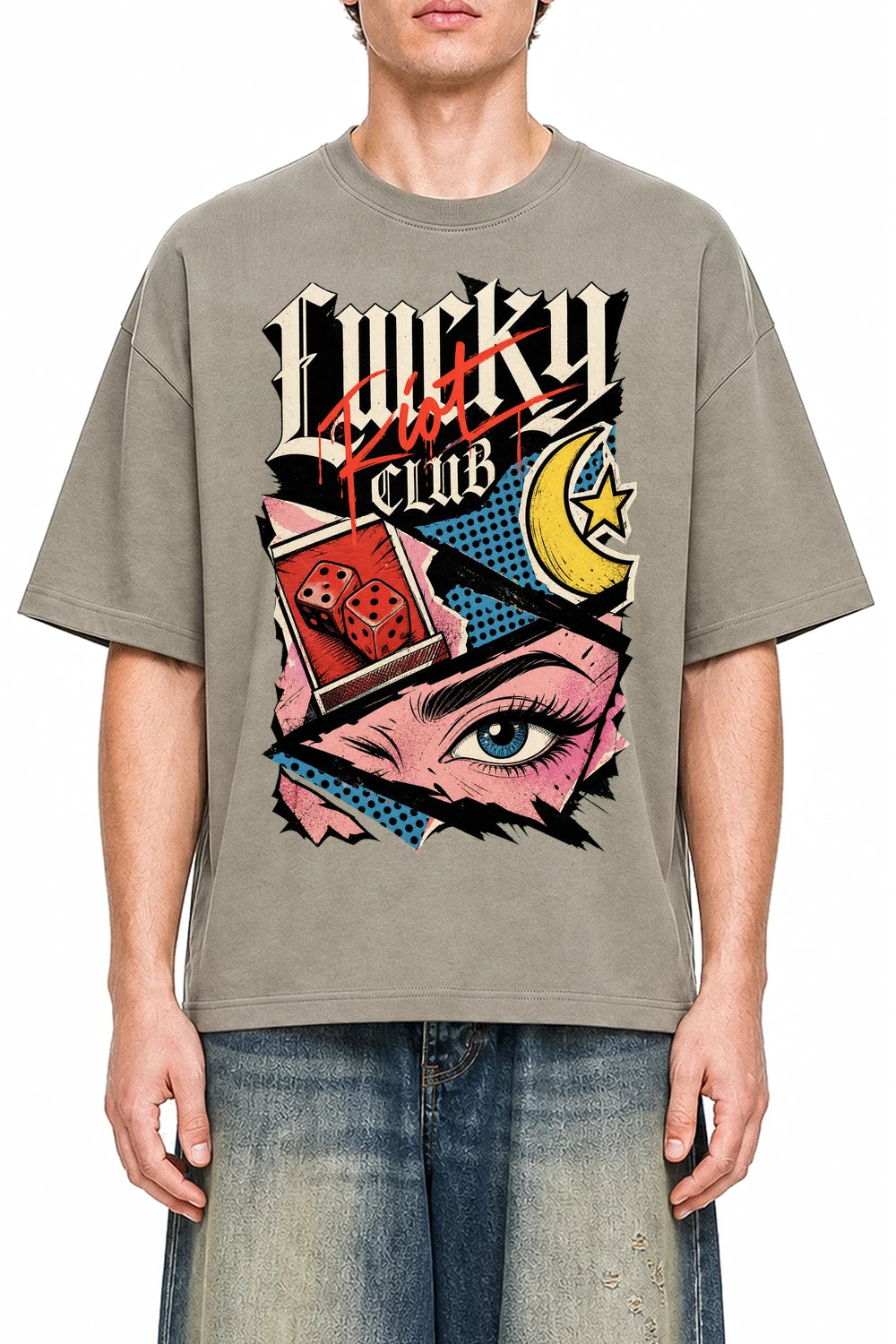 Lucky Riot Club Dark Apricot graphic T-shirt on model, front view