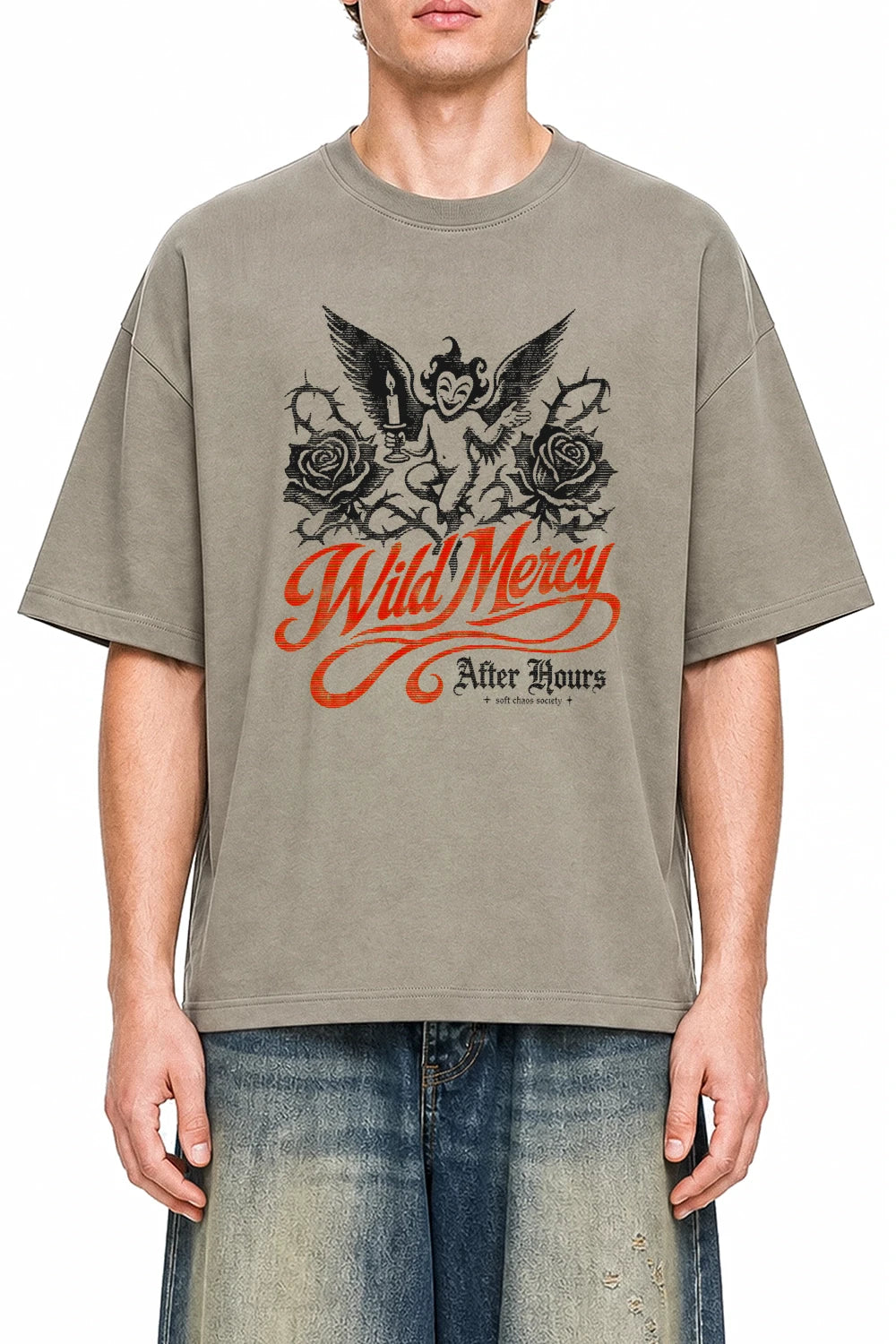 Wild Mercy Dark Apricot graphic T-shirt on model, front view