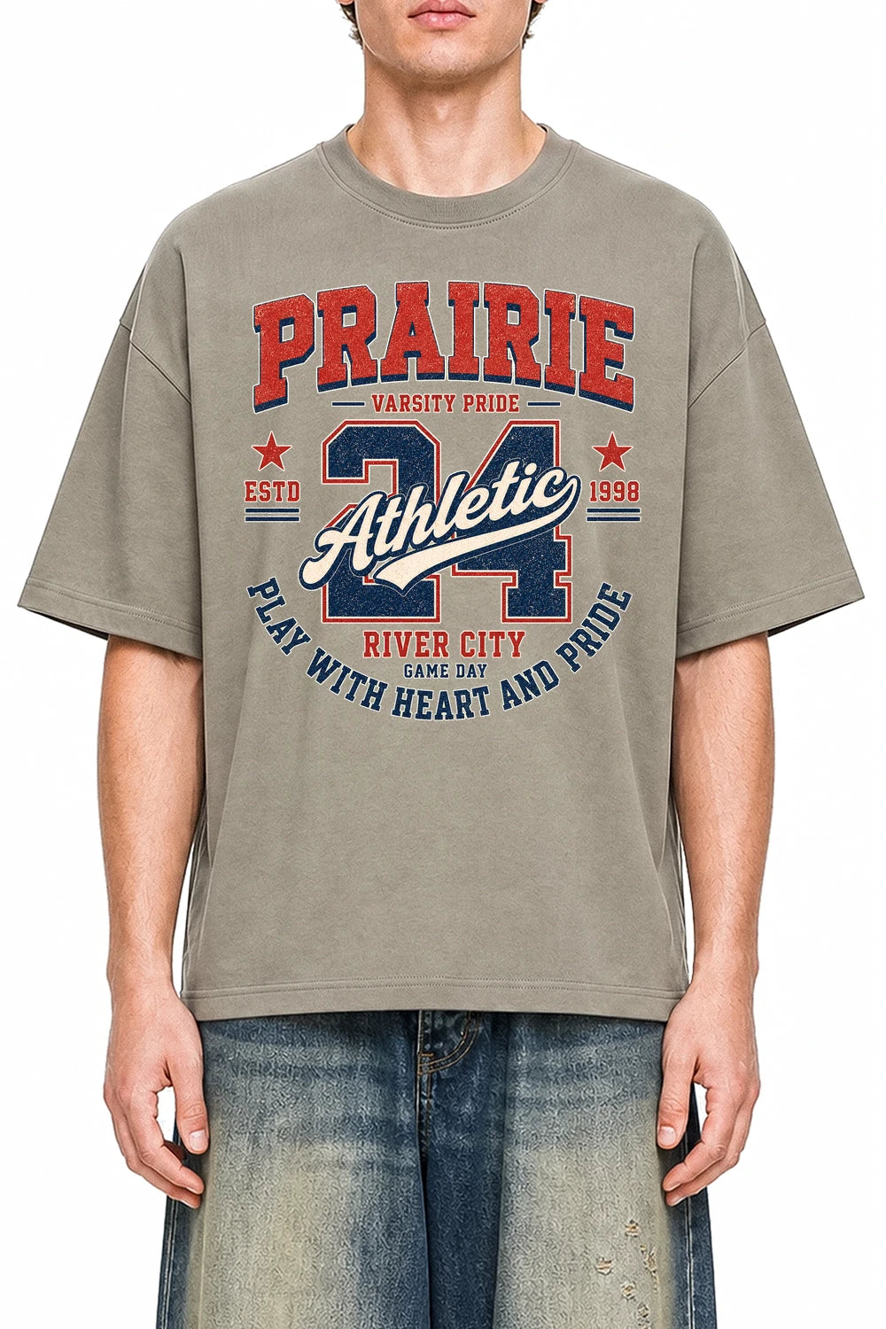 Prairie Athletic Dark Apricot graphic T-shirt on model, front view