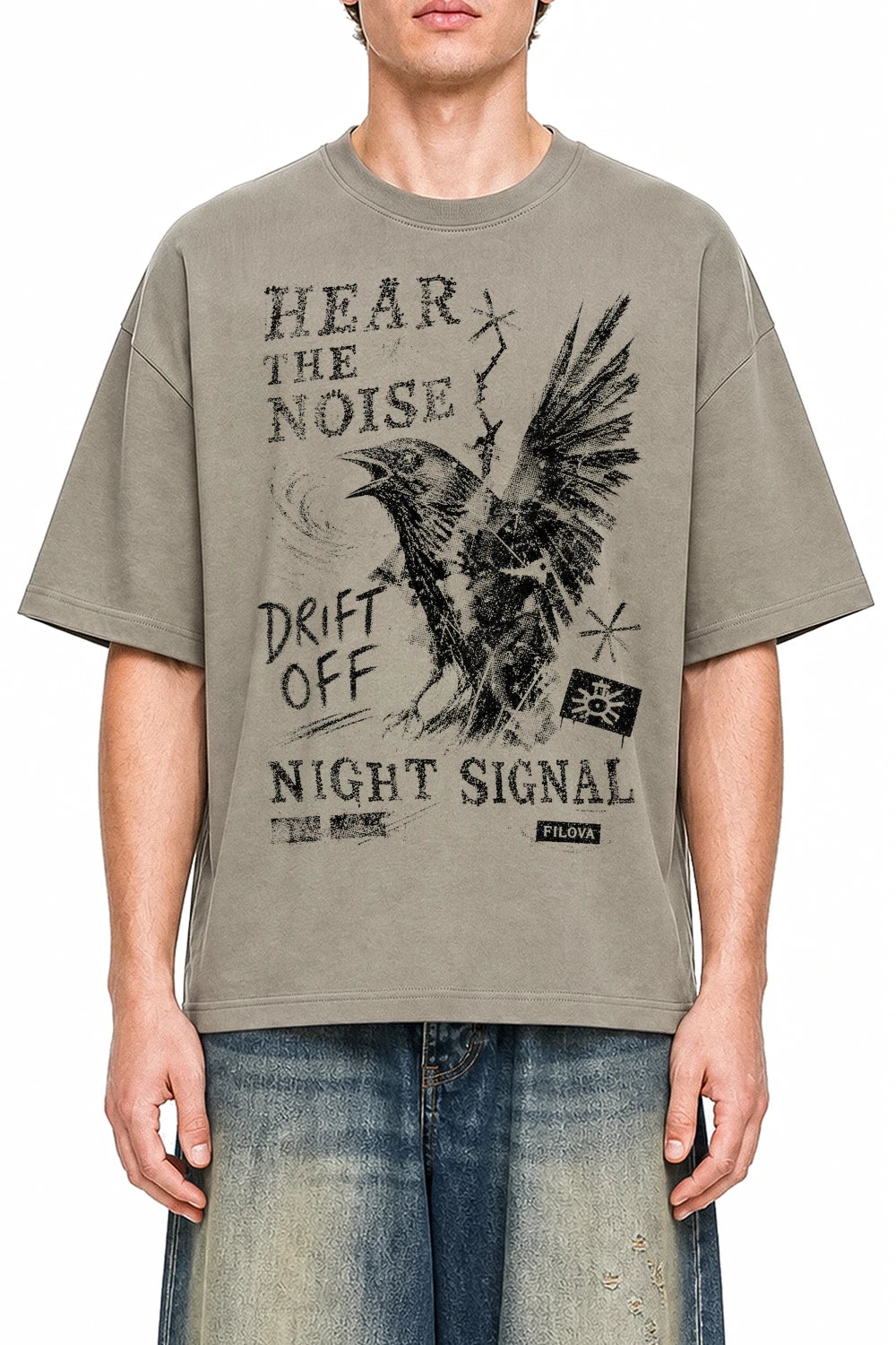 Hear The Noise Dark Apricot graphic T-shirt on model, front view