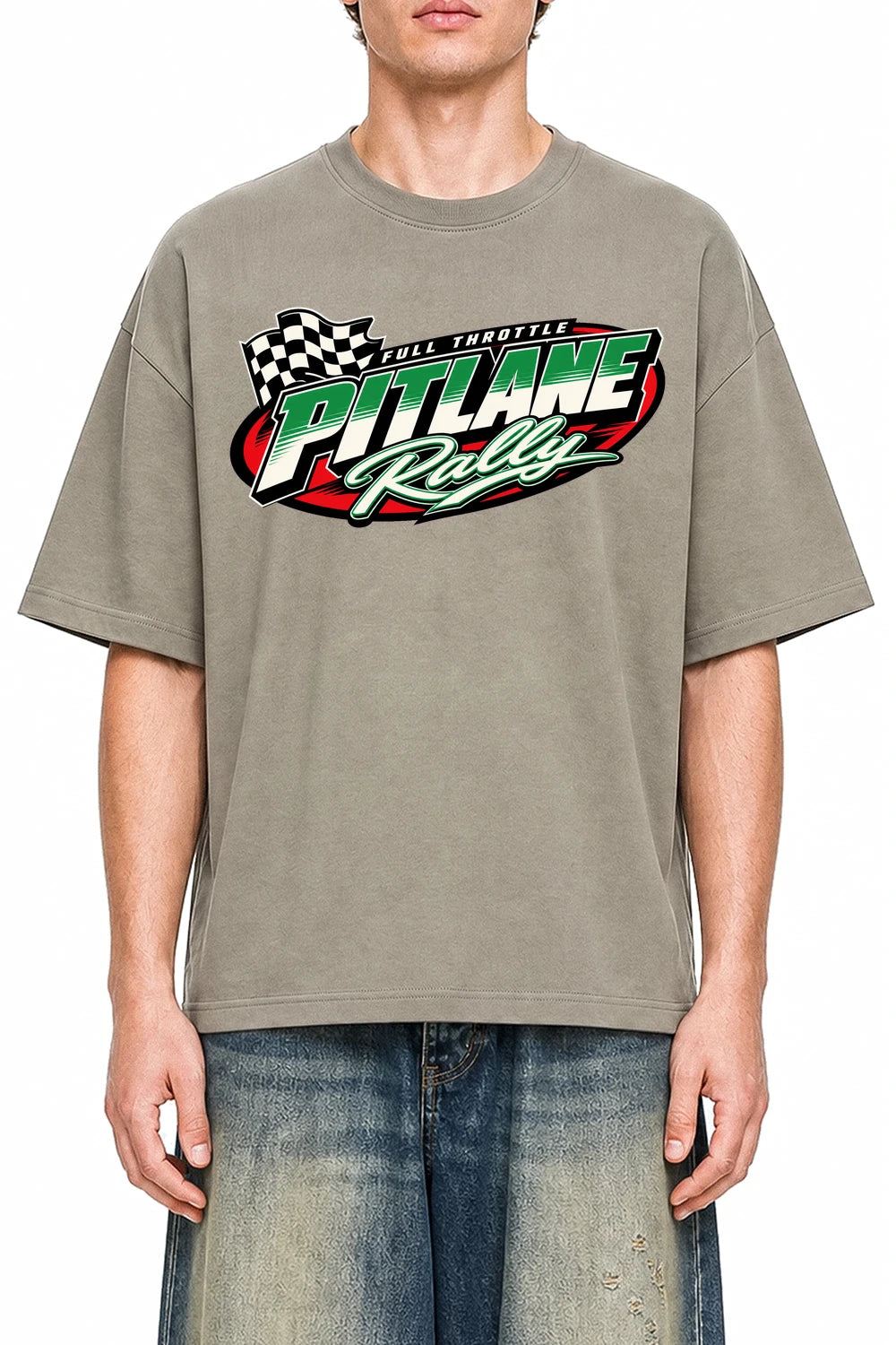 Pitlane Rally Dark Apricot graphic T-shirt on model, front view