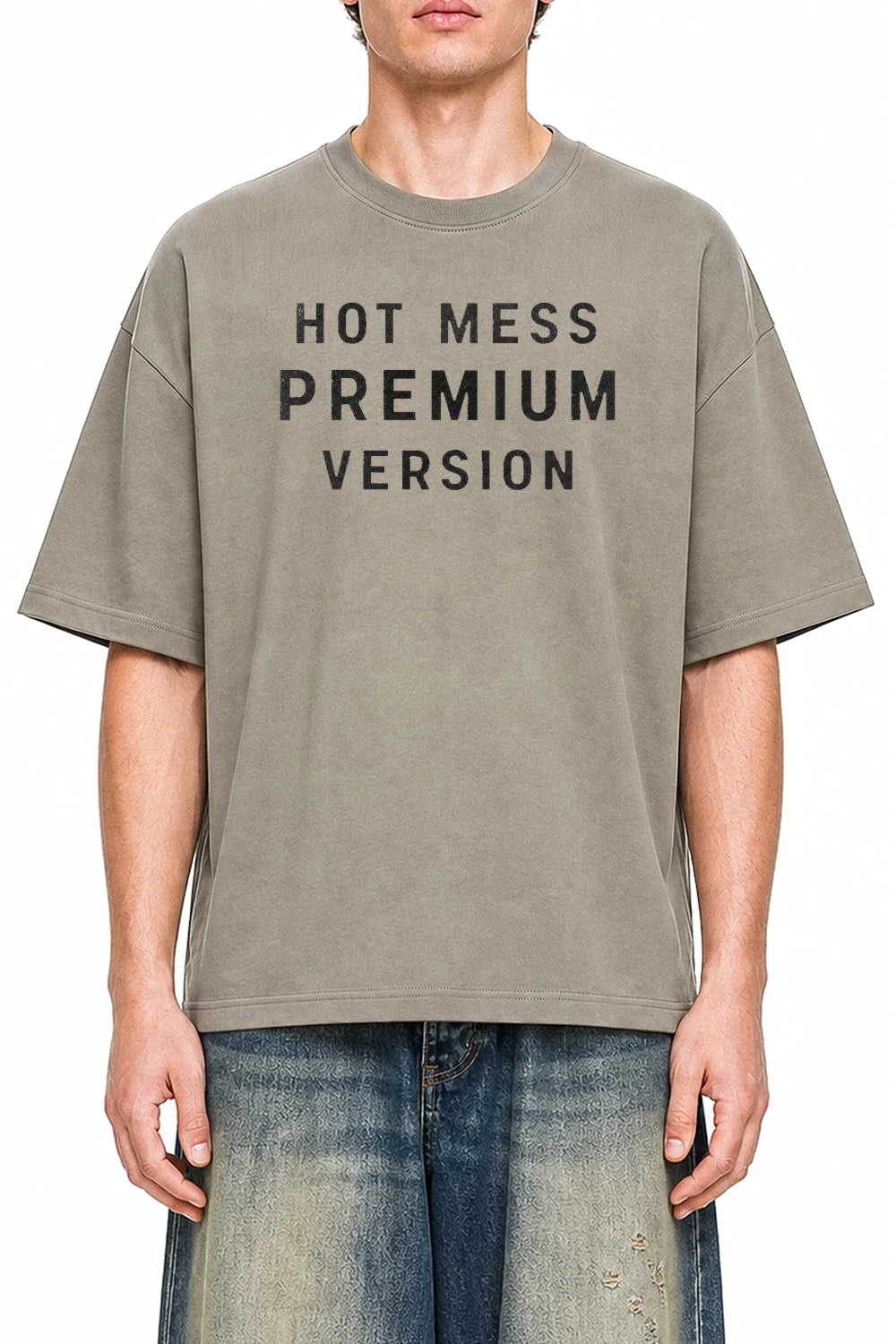 Hot Mess Premium Version Dark Apricot graphic T-shirt on model, front view