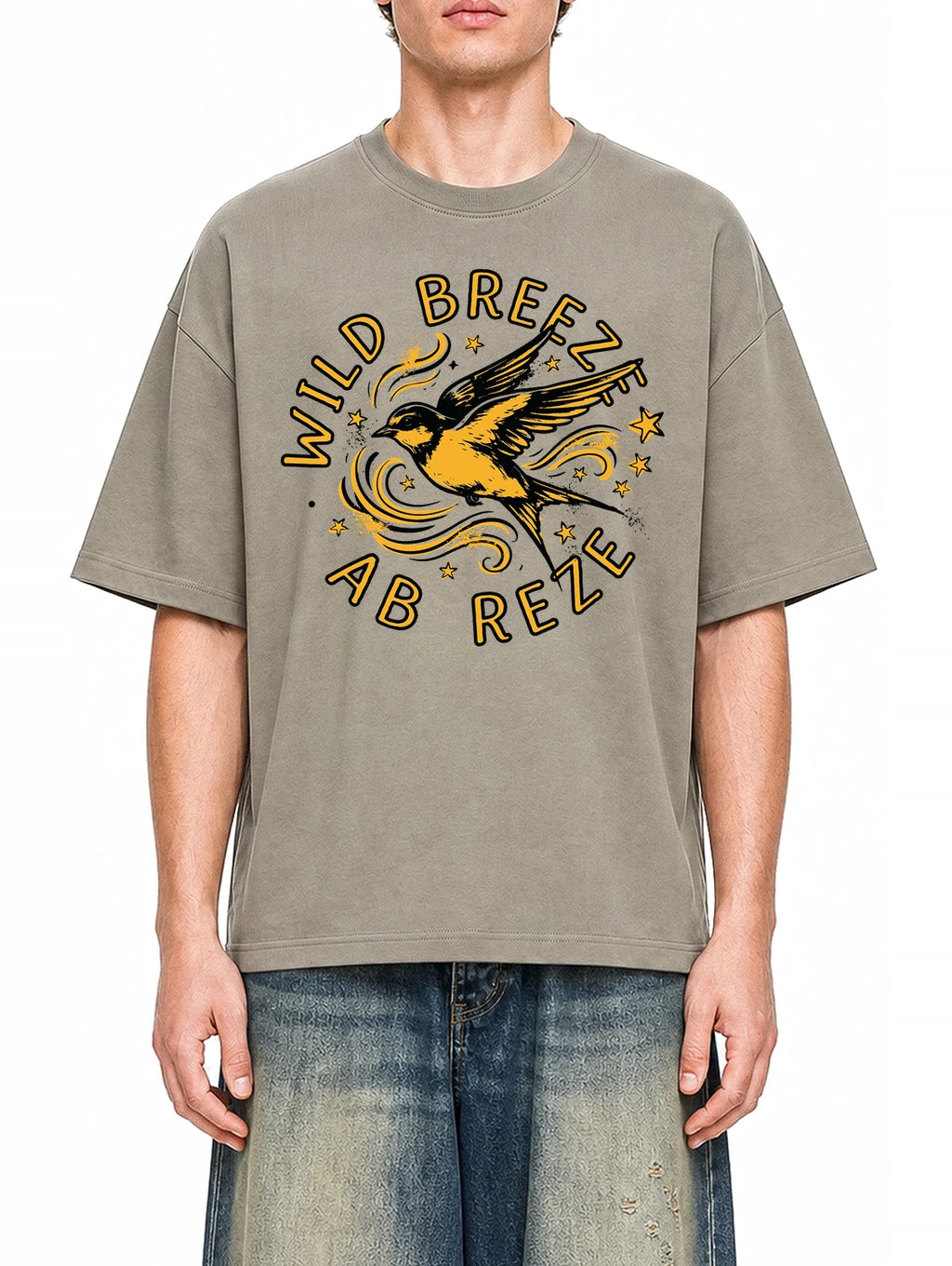 A Gritty Street Dark Apricot graphic T-shirt on model, front view