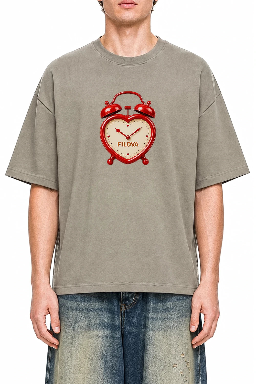 Heart Dial Clock Dark Apricot graphic T-shirt on model, front view