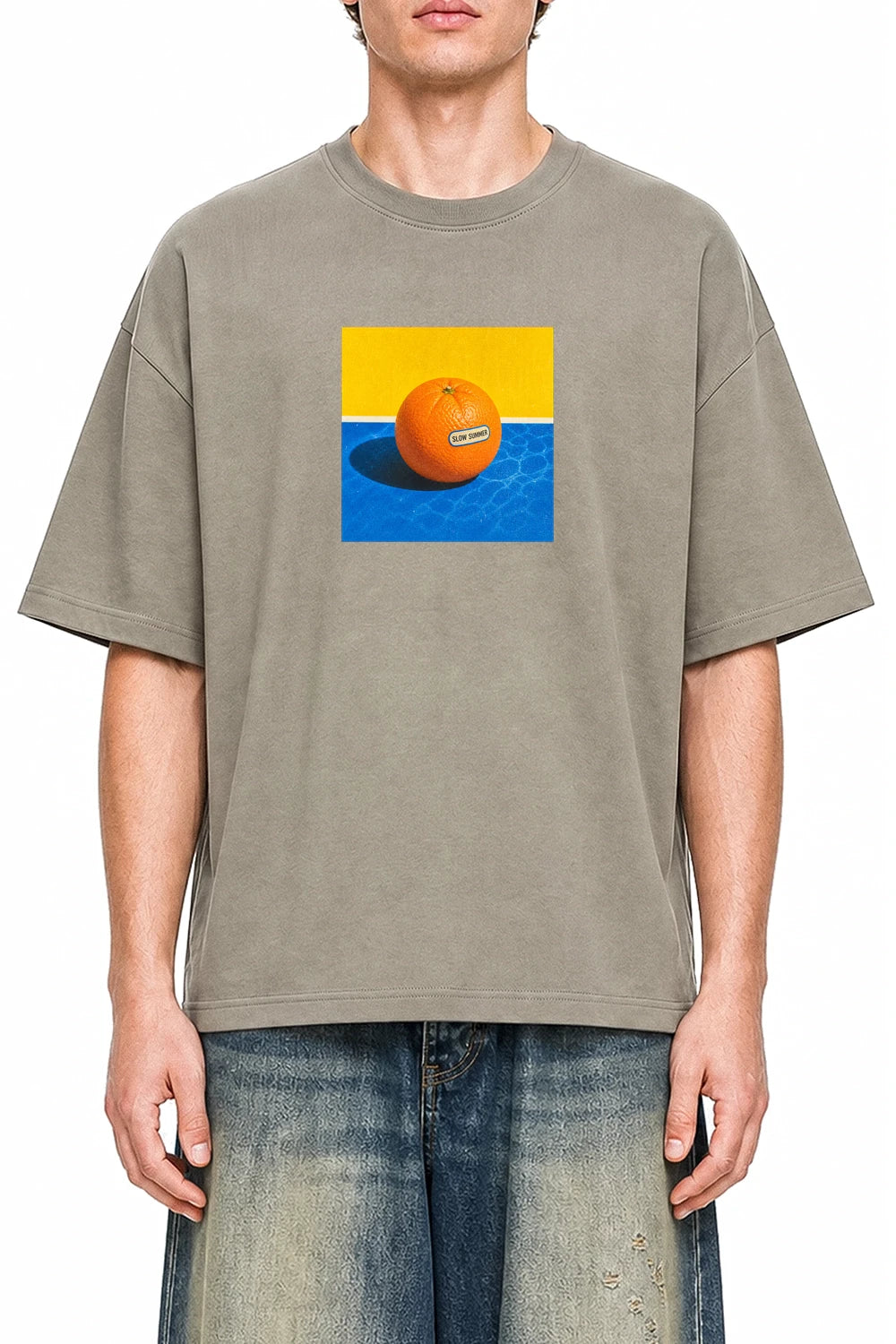 Poolside Orange Dark Apricot graphic T-shirt on model, front view