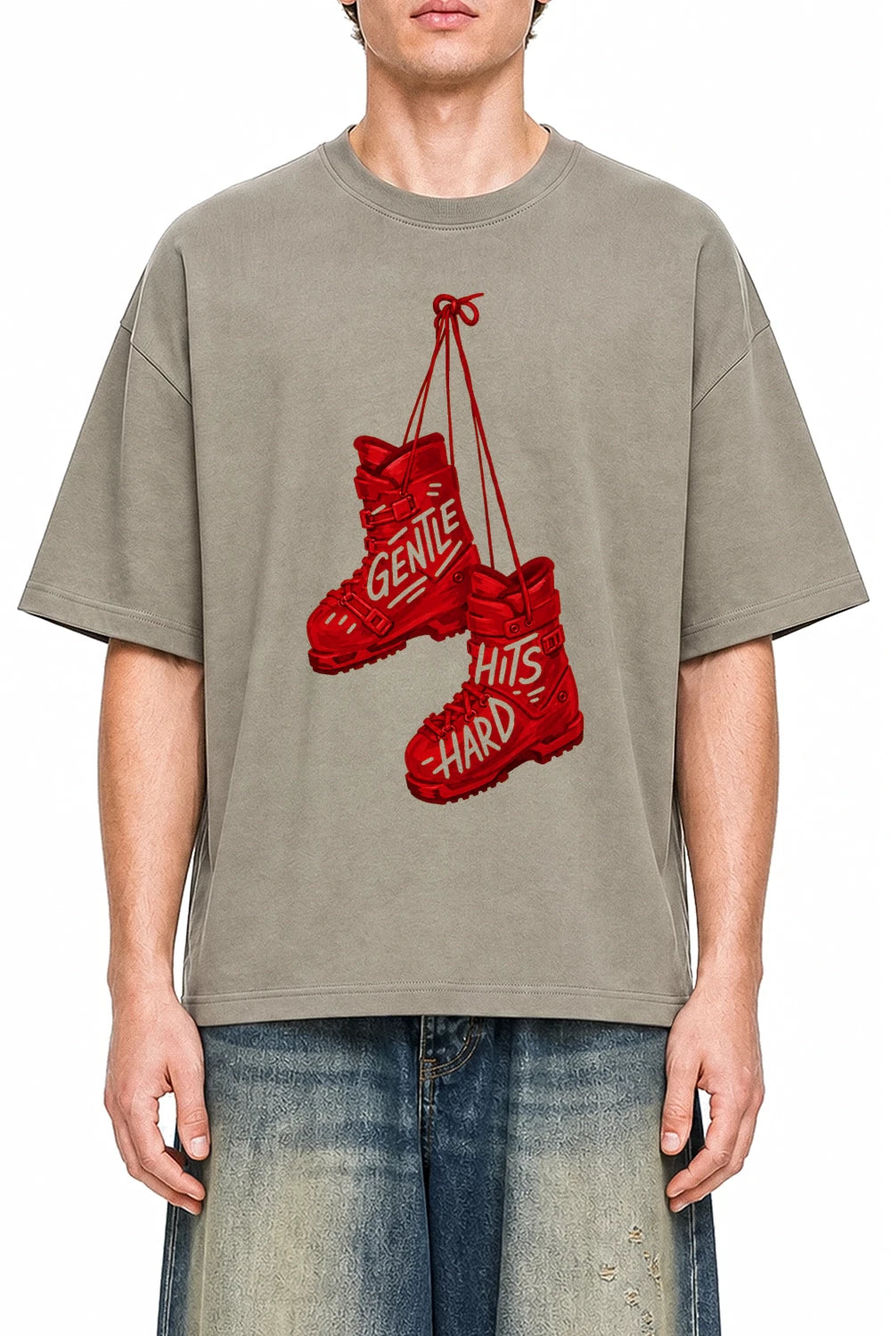 Gentle Hits Hard Dark Apricot graphic T-shirt on model, front view