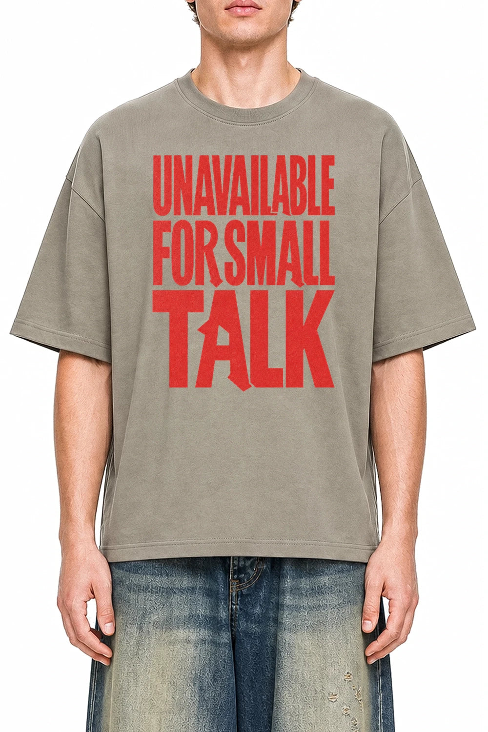Unavailable For Small Talk Dark Apricot graphic T-shirt on model, front view