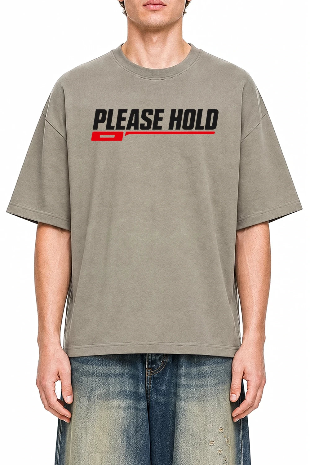 Please Hold Dark Apricot graphic T-shirt on model, front view