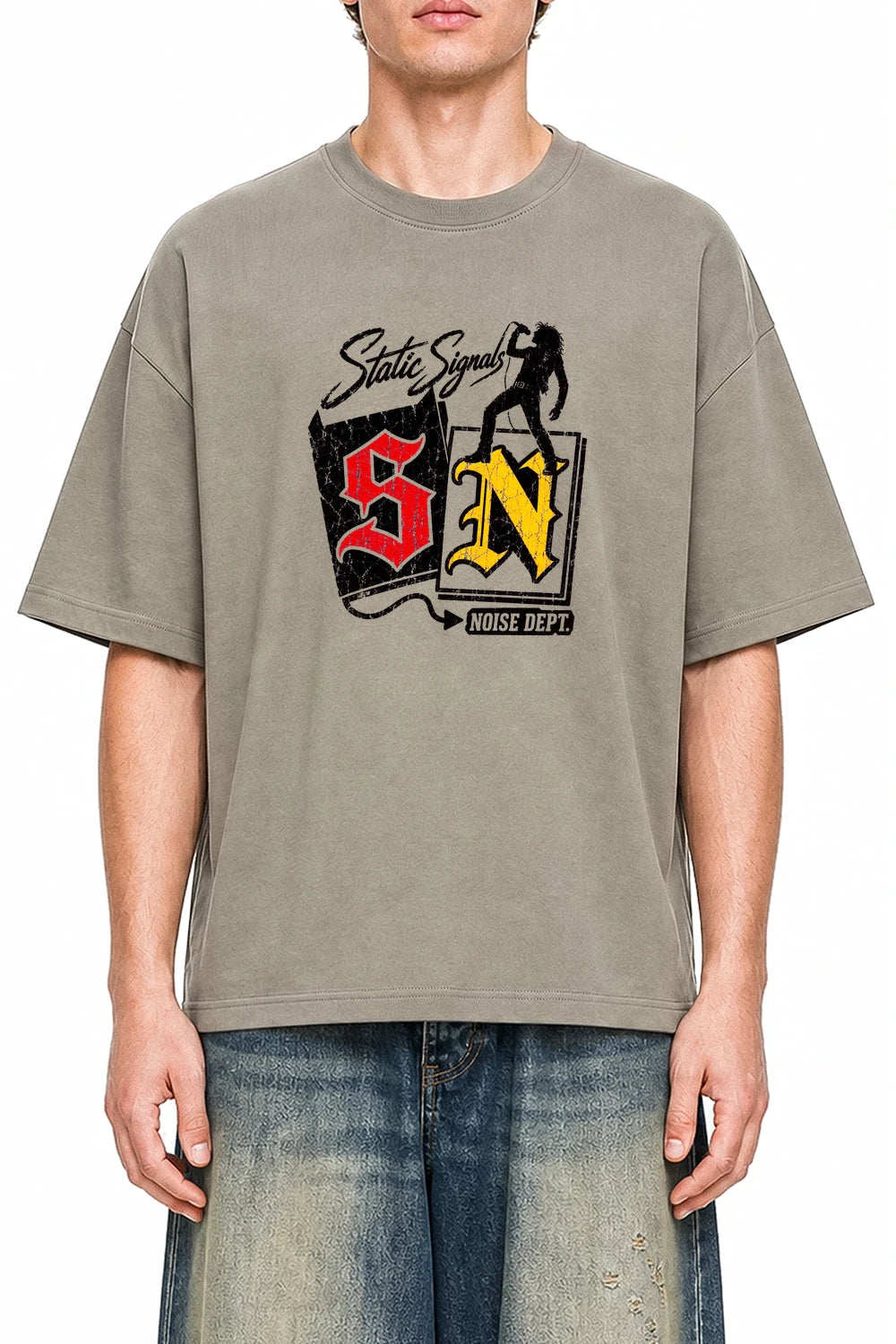 Static Signal Dark Apricot graphic T-shirt on model, front view